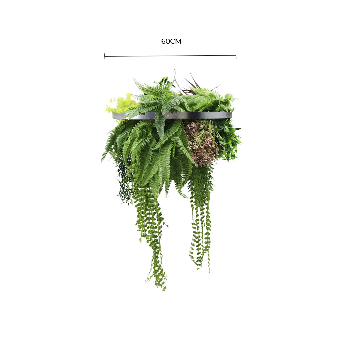 Silver Framed Roof Hanging Disc With Tropical Foliage Mix and Draping Stems 60cm UV Resistant