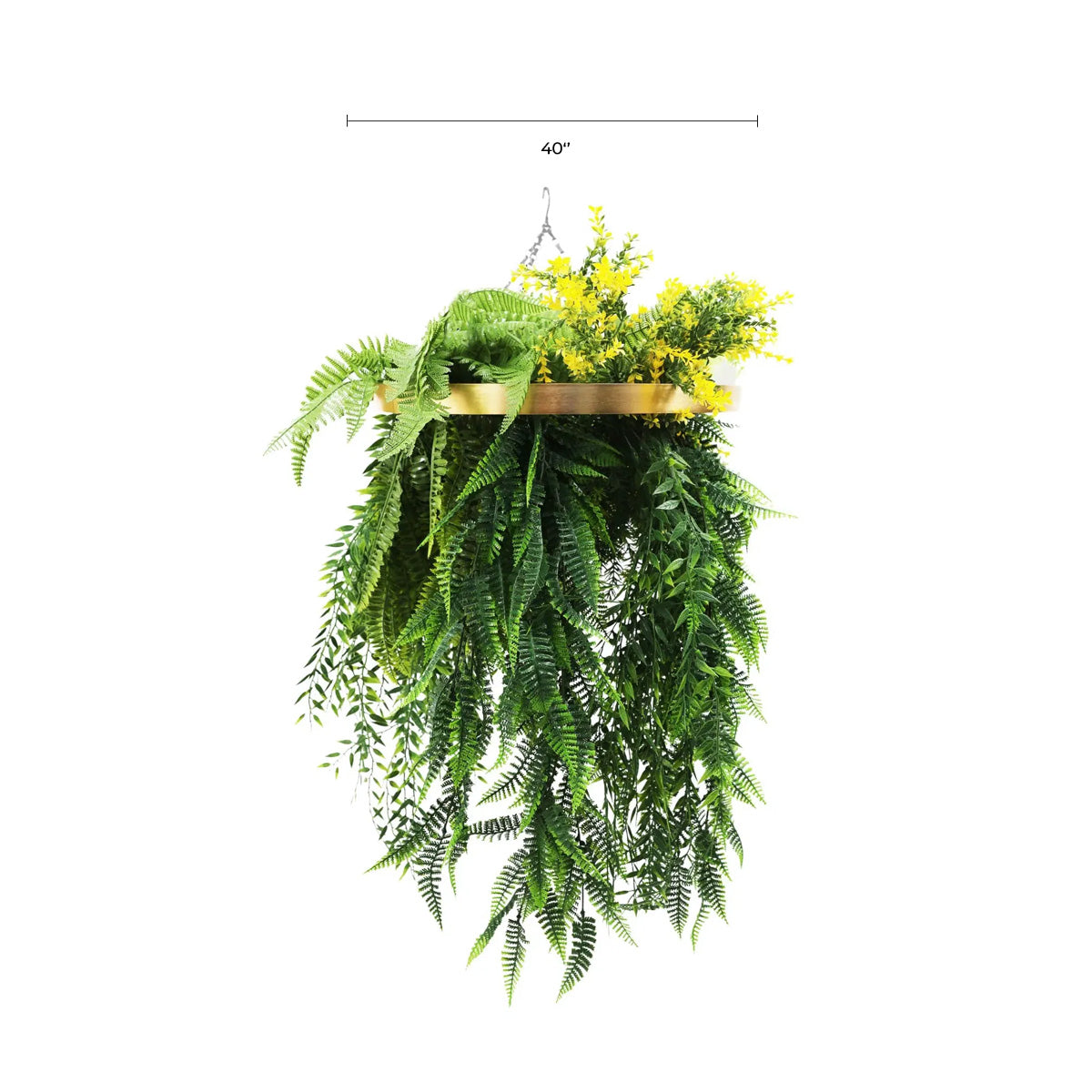 Gold Framed Roof Hanging Disc With Bright Tropical Foliage Mix and Draping Ferns 40cm UV Resistant