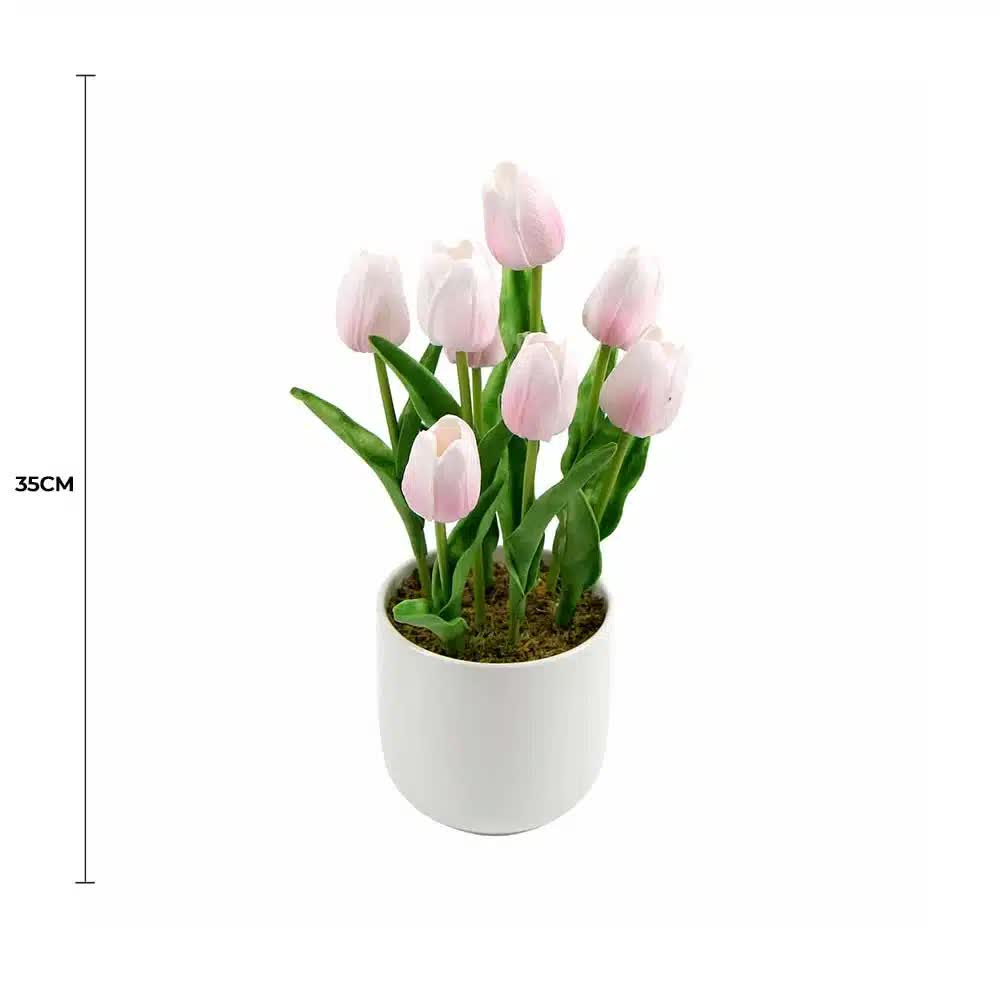 Flowering Pink Artificial Tulip Plant Arrangement With Ceramic Bowl 35cm