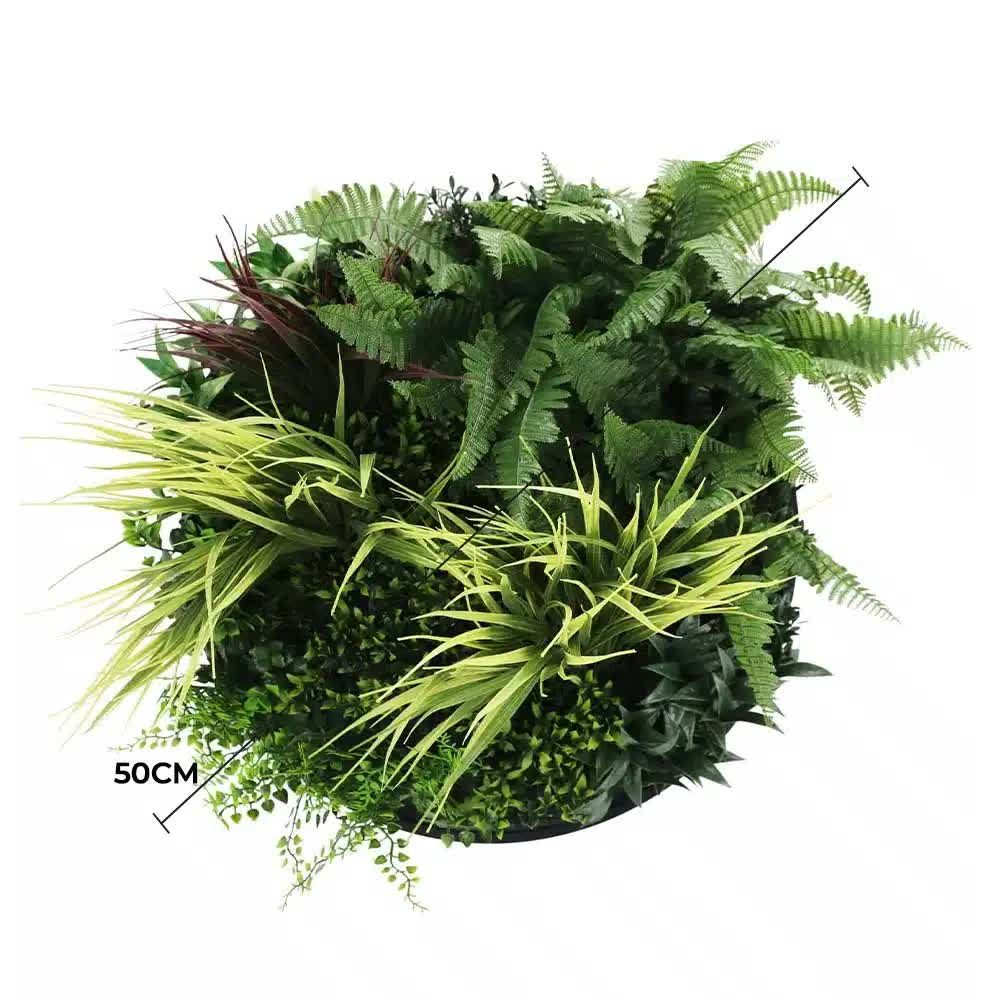 Slimline Artificial Green Wall Disc Art 50cm Grassy Fern Fields UV Resistant (Black)