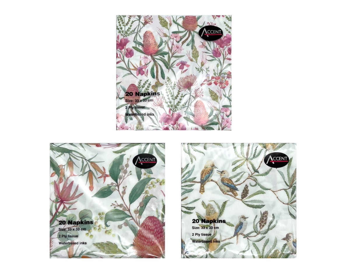 bulk 48 Australian Native Napkin 2Ply 4 Assorted 33cm