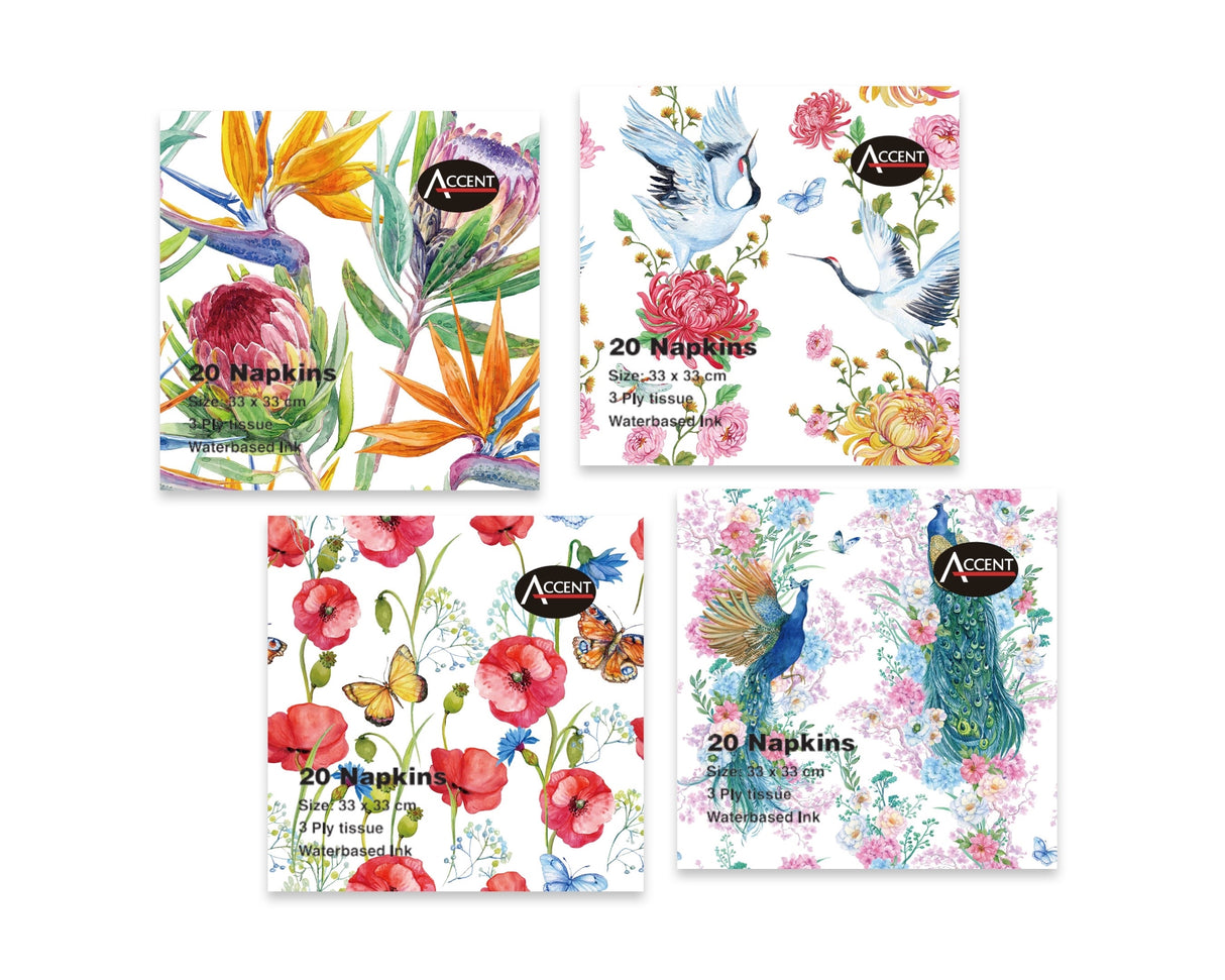 bulk 960 Garden Dreams Napkins 2Ply 4 Assorted 33cm