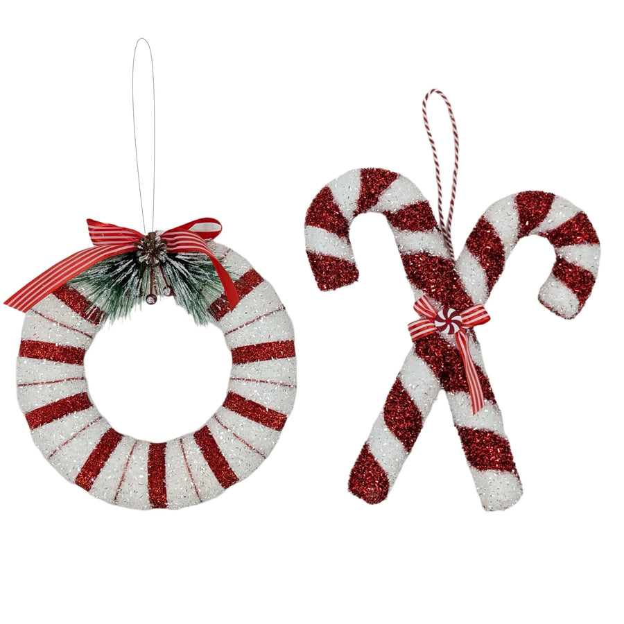 Bulk 12 Xmas R&w Glitter Candycanewreath Hanging 25cm