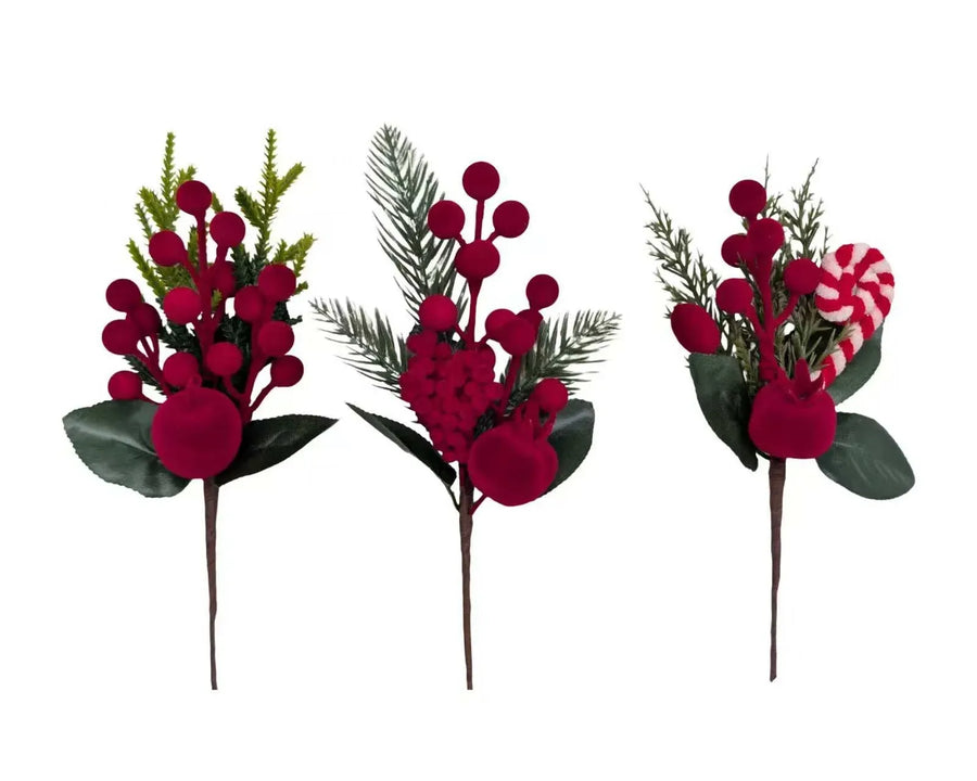Xmas Flocking Berry Pick 21cm 3 Asst