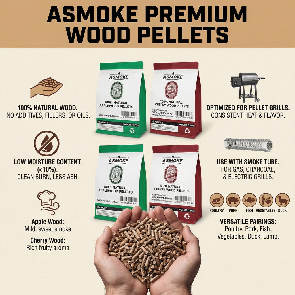 ASMOKE 20lbs (9kg) Wood Pellet Sampler Bundle - 2-Flavour Variety Pack (2x Cherry, 2x Apple) - Best for Pork, Ribs & Poultry