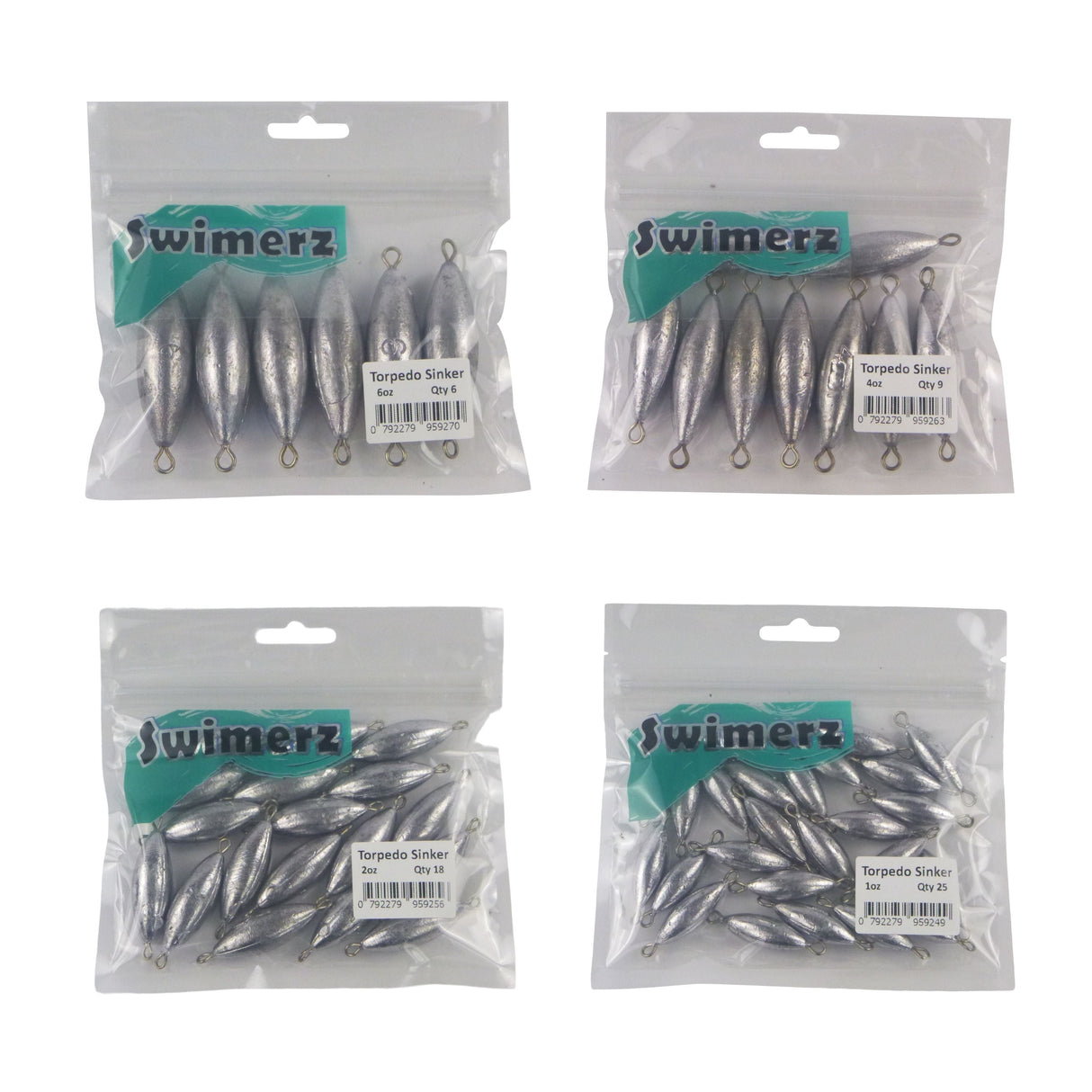 Swimerz Bulk Pack Torpedo Trolling Sinker, 4 sizes, Qty 58