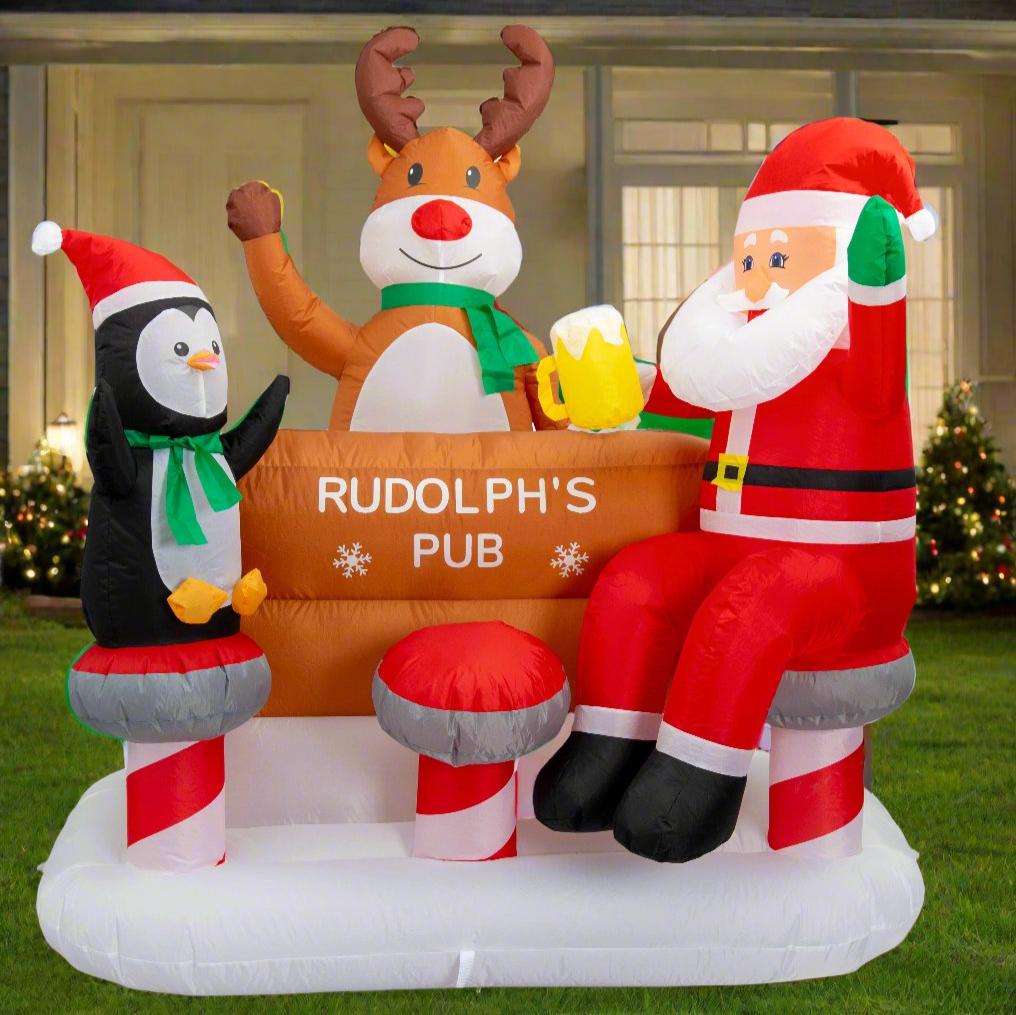 150cm Inflatable Holiday Pub Featuring Rudolph, Santa, and a Penguin