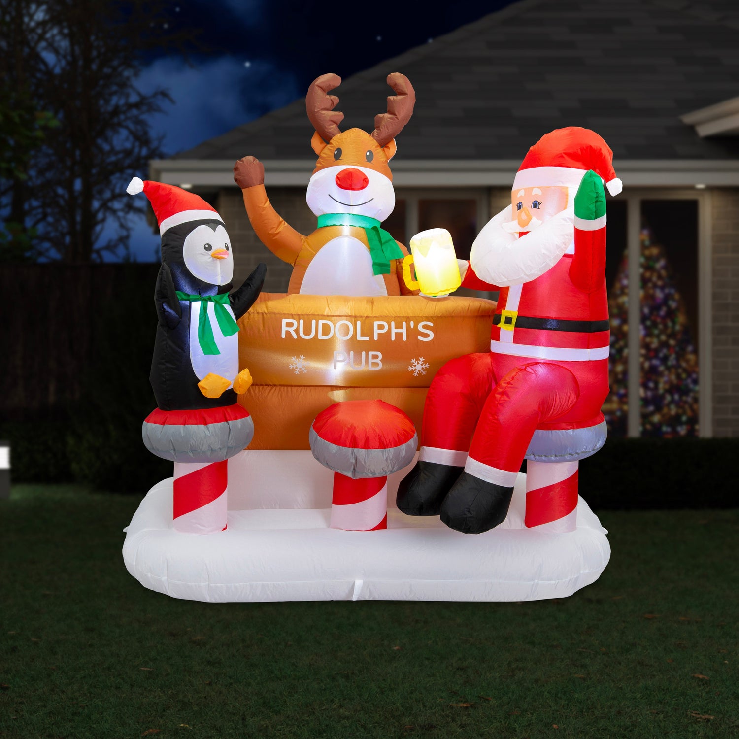 150cm Inflatable Holiday Pub Featuring Rudolph, Santa, and a Penguin