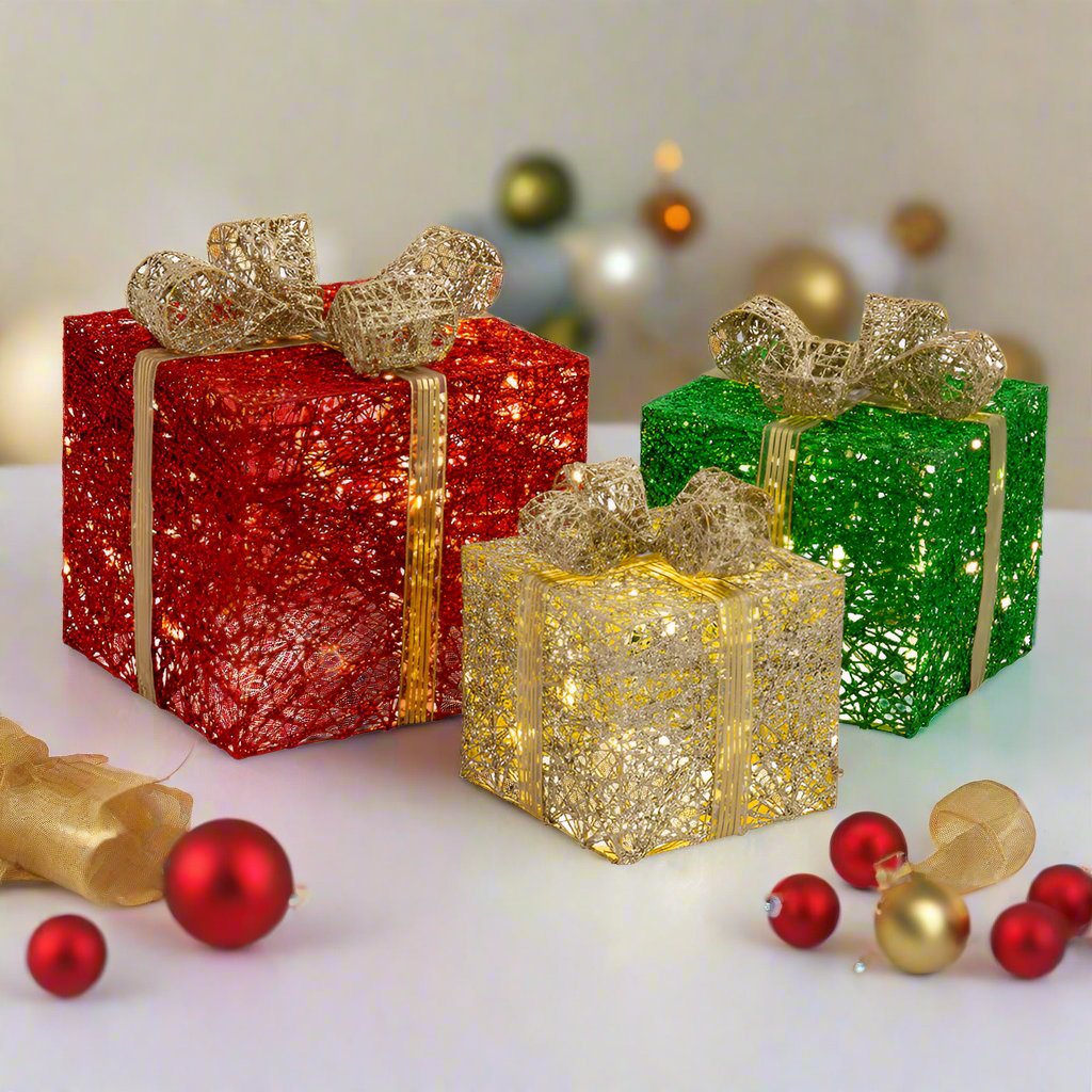 Illuminated Glittering Jumbo Gift Boxes with Twinkling LED Lights - Set of Three