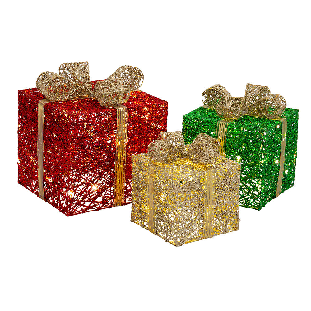 Illuminated Glittering Jumbo Gift Boxes with Twinkling LED Lights - Set of Three