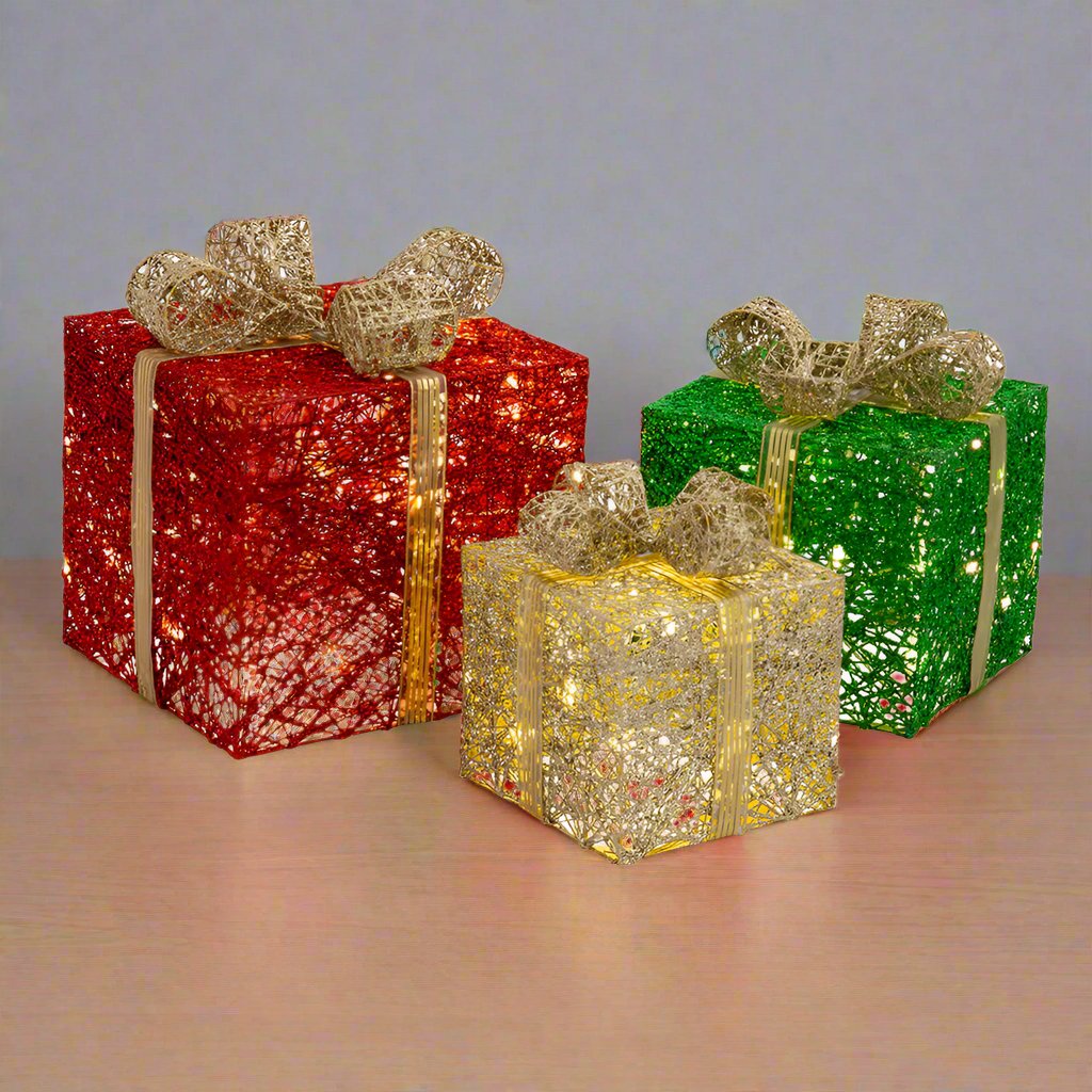 Illuminated Glittering Jumbo Gift Boxes with Twinkling LED Lights - Set of Three
