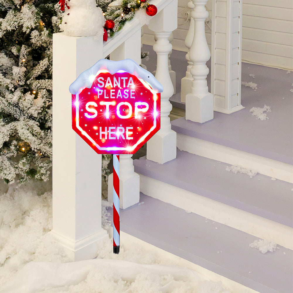 Vibrant Multi-Color LED Santa Stop Here Sign with Adjustable Height - 100cm