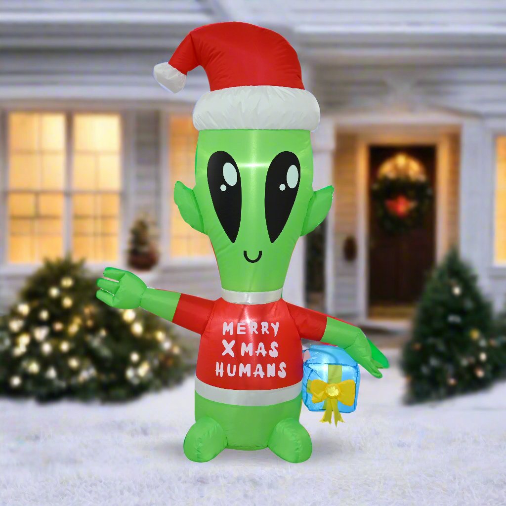Festive 130cm Inflatable Alien with Gift for Holiday Cheer