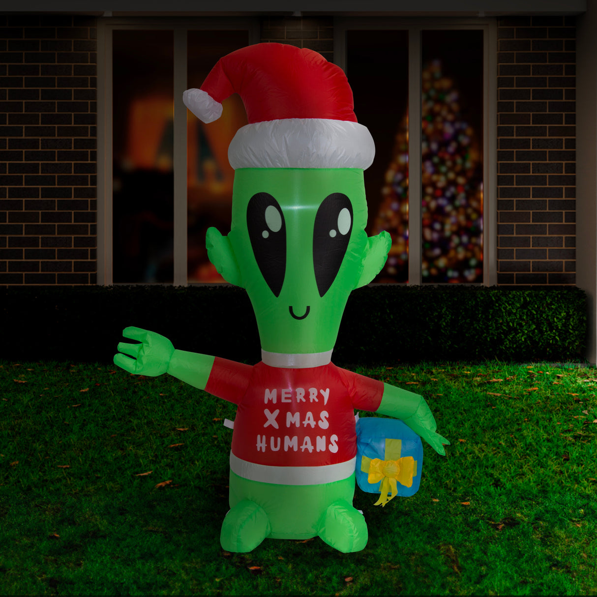 Festive 130cm Inflatable Alien with Gift for Holiday Cheer