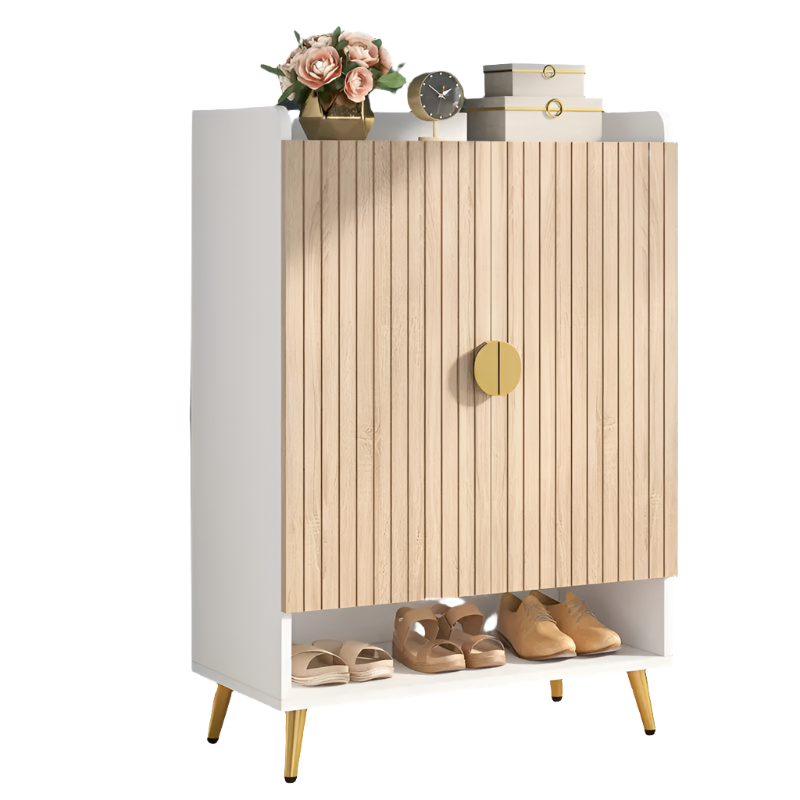 Contemporary 7-Tier Wooden Shoe Cabinet with Gold Accents and Adjustable Shelves