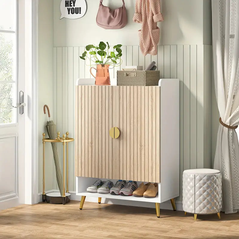 Contemporary 7-Tier Wooden Shoe Cabinet with Gold Accents and Adjustable Shelves