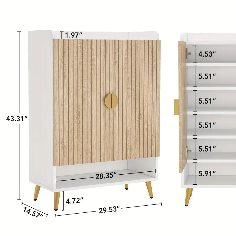 Contemporary 7-Tier Wooden Shoe Cabinet with Gold Accents and Adjustable Shelves