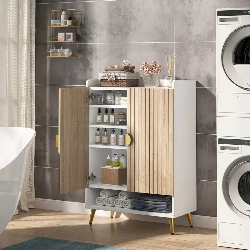 Contemporary 7-Tier Wooden Shoe Cabinet with Gold Accents and Adjustable Shelves