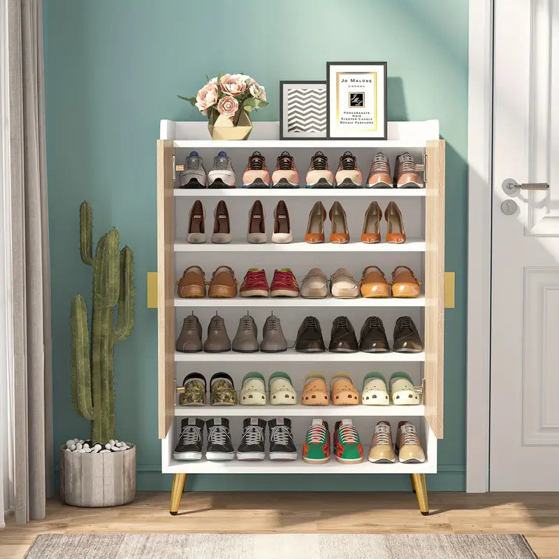 Contemporary 7-Tier Wooden Shoe Cabinet with Gold Accents and Adjustable Shelves