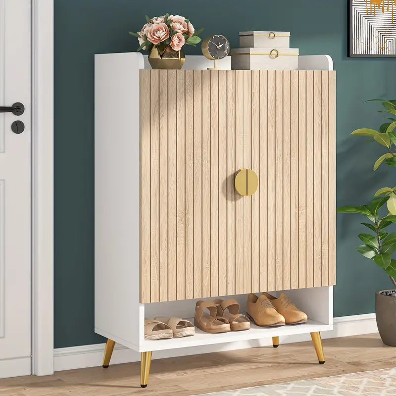 Contemporary 7-Tier Wooden Shoe Cabinet with Gold Accents and Adjustable Shelves