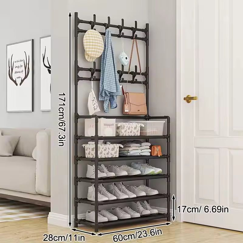 Stainless Steel Coat & Shoe Rack (8-Hook 5-Tier)