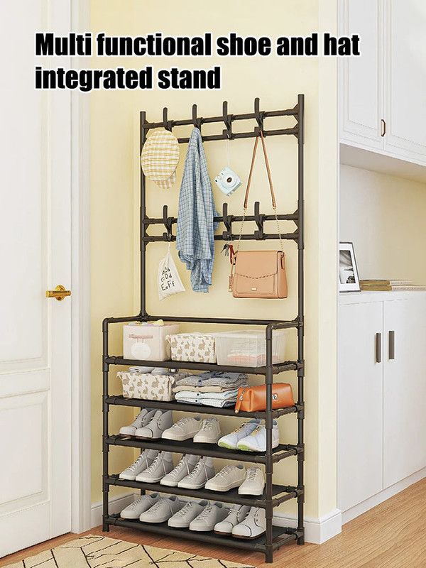 Stainless Steel Coat & Shoe Rack (8-Hook 5-Tier)