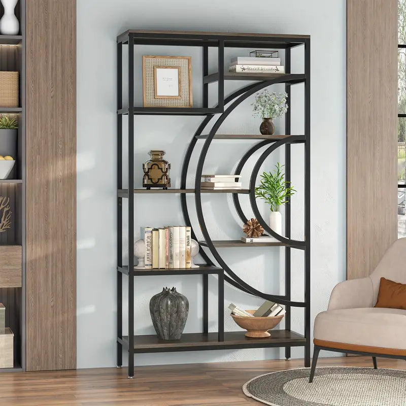 Elegant 8-Tier Industrial Geometric Bookcase with Sturdy Metal Frame - 71-Inch Height