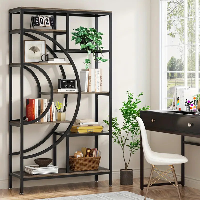 Elegant 8-Tier Industrial Geometric Bookcase with Sturdy Metal Frame - 71-Inch Height