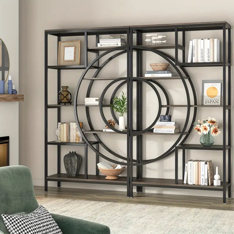 Elegant 8-Tier Industrial Geometric Bookcase with Sturdy Metal Frame - 71-Inch Height