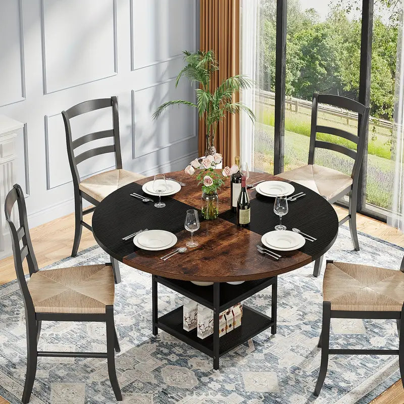 Tribesigns 47-Inch Industrial Round Dining Table - Vintage Brown & Black Finish