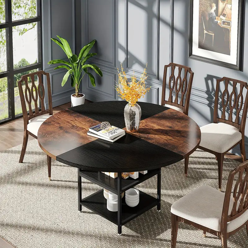 Tribesigns 47-Inch Industrial Round Dining Table - Vintage Brown & Black Finish