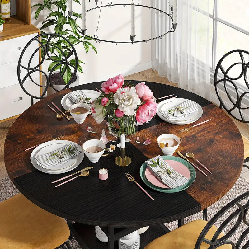 Tribesigns 47-Inch Industrial Round Dining Table - Vintage Brown & Black Finish