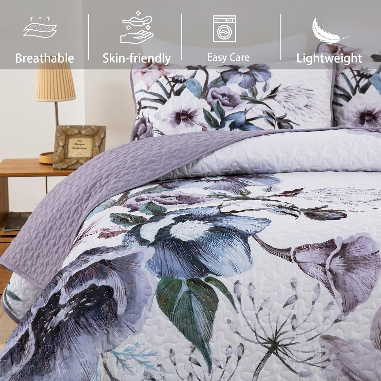 Romantic Wildflower Soft Cozy 3 Pc Bedspread & Pillow Cover Set