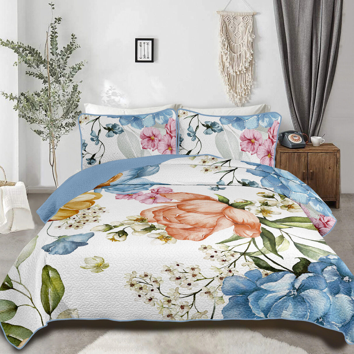 Breezy Coastal Bloom Lightweight 3 Pc Bedspread & Pillow Cover Set
