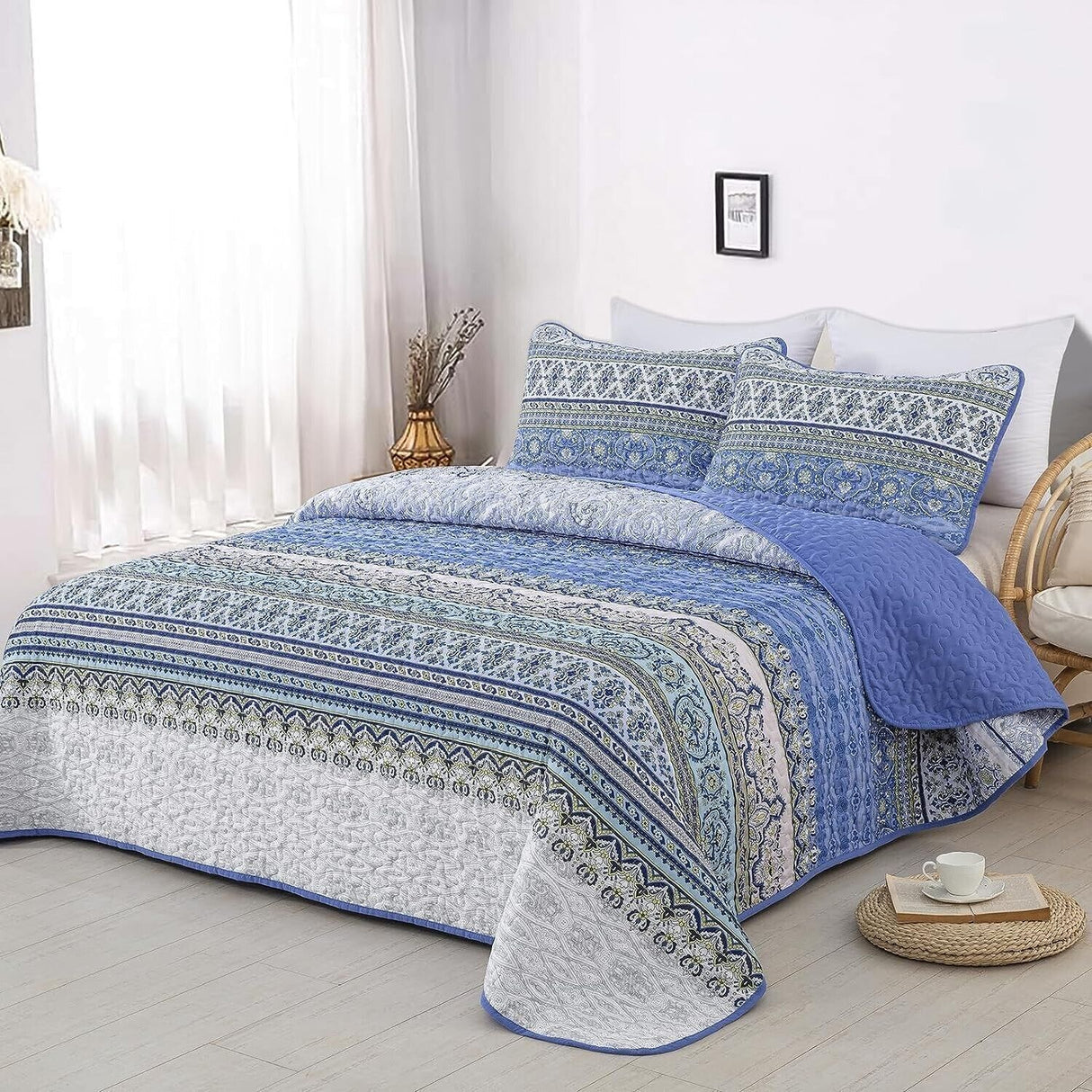 Blue teak Sunrise Floral Lightweight 3 Pc Bedspread & Pillow Cover Set