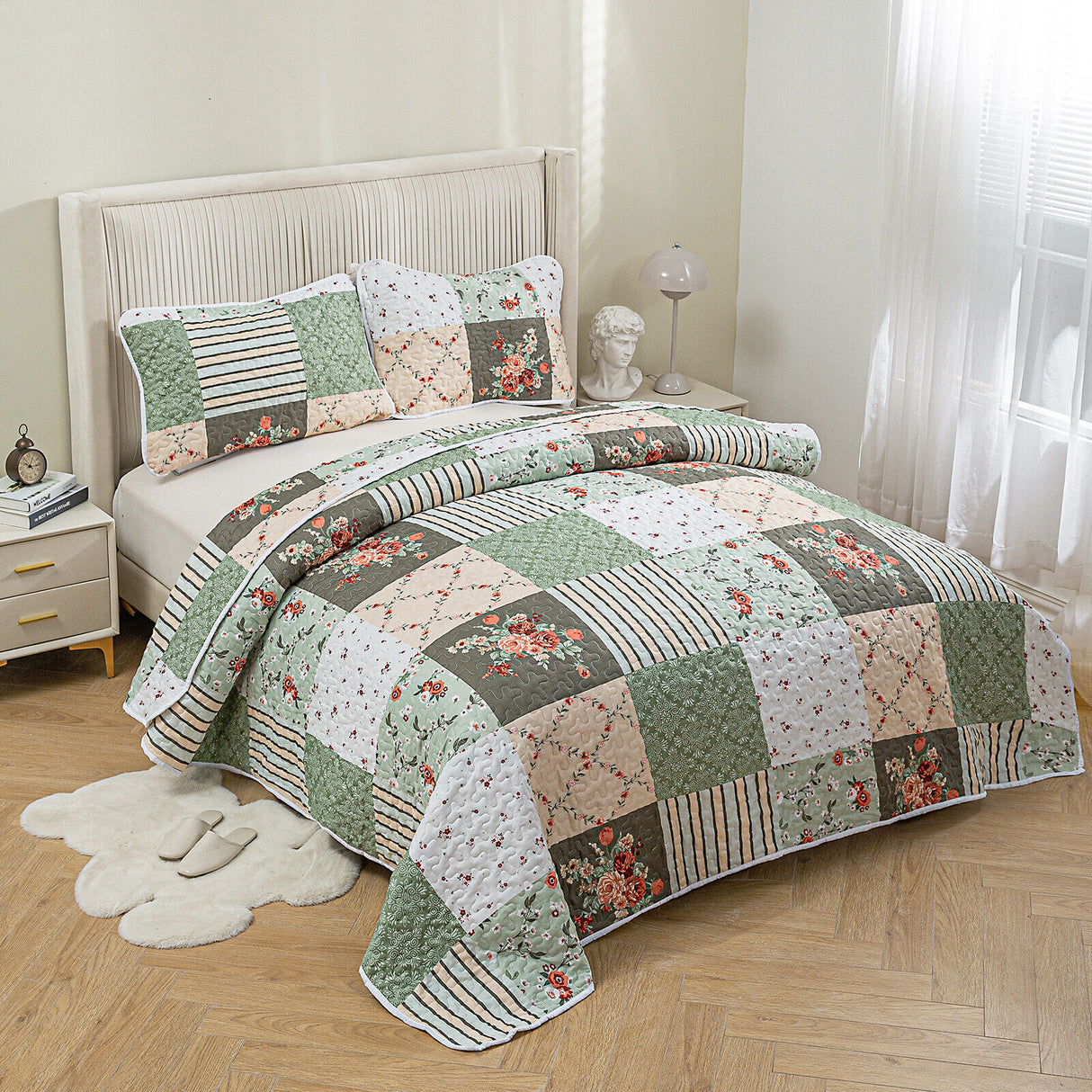 Warm Cozy patchwork greem 3 Pc Bedspread & Pillow Cover Set