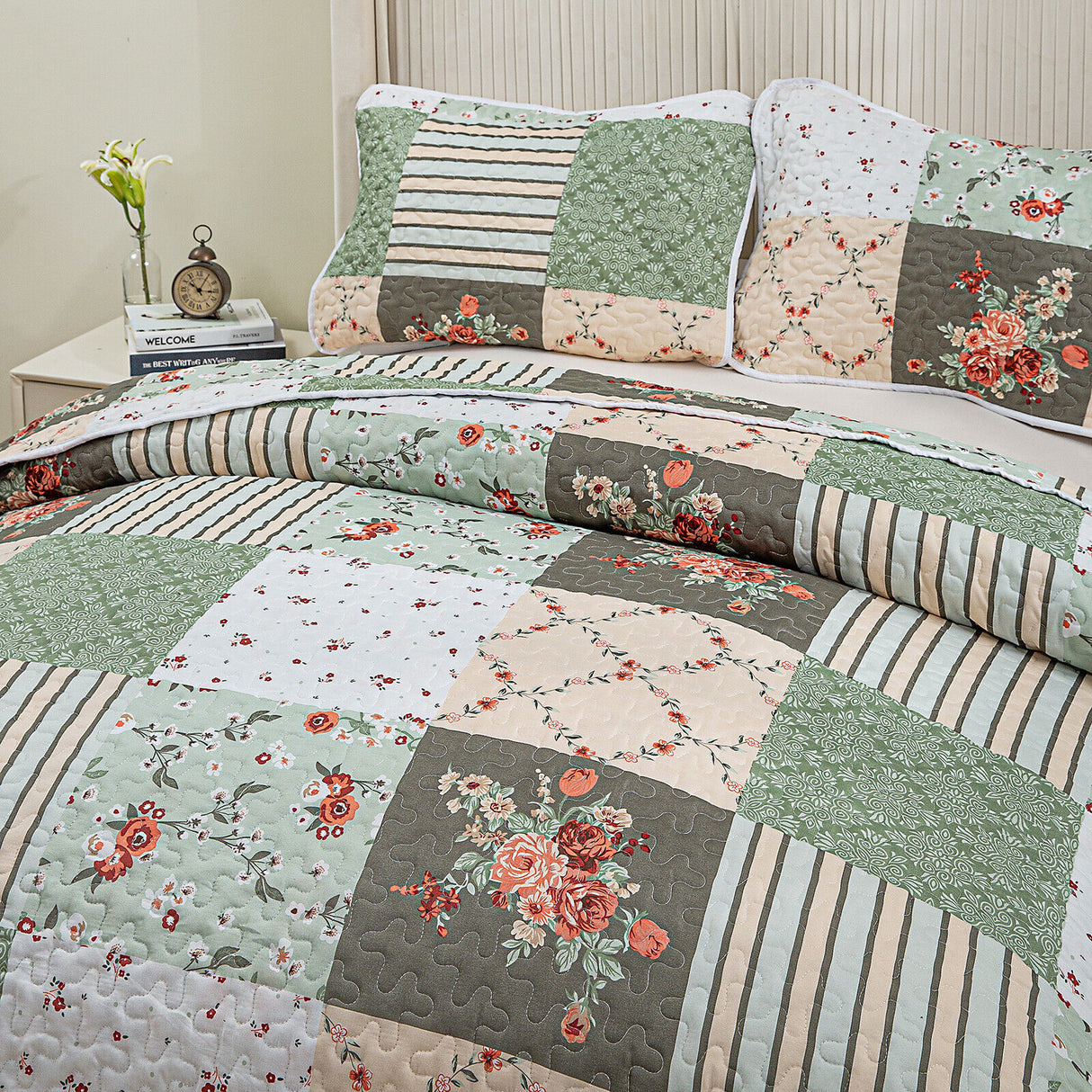 Warm Cozy patchwork greem 3 Pc Bedspread & Pillow Cover Set
