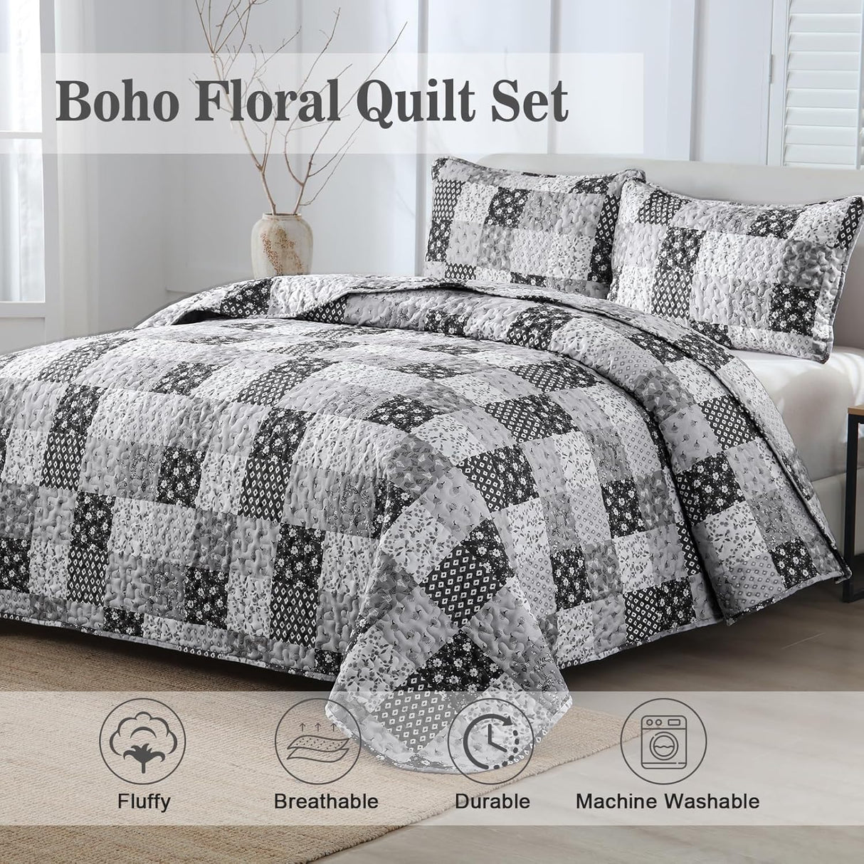 Autumn patchwork B/W Pattern 3 Pc Bedspread & Pillow Cover Set