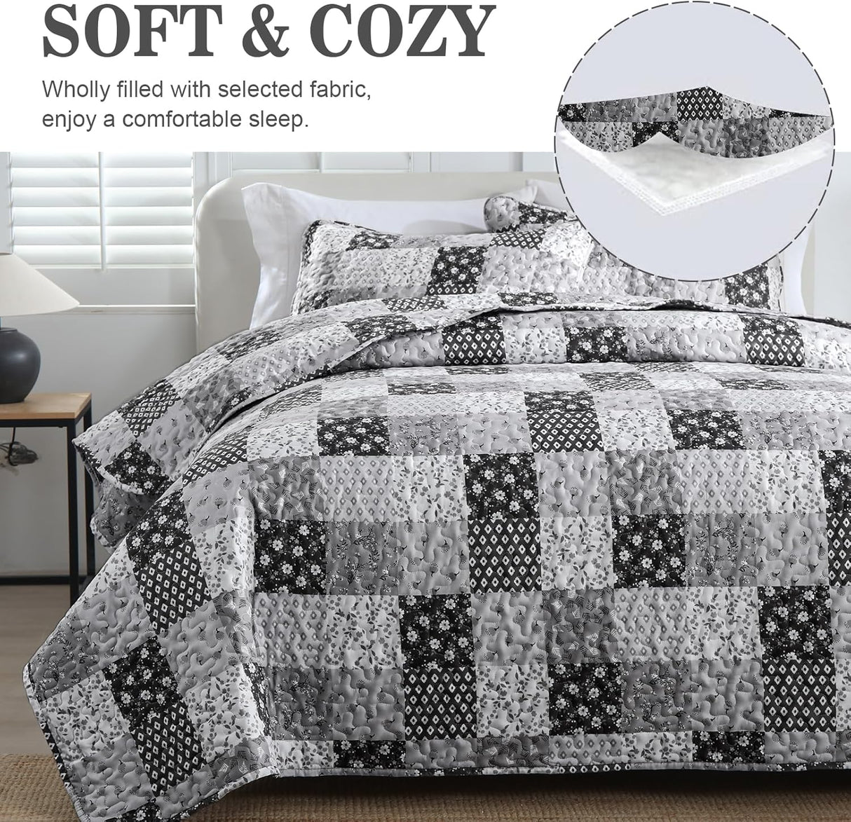 Autumn patchwork B/W Pattern 3 Pc Bedspread & Pillow Cover Set