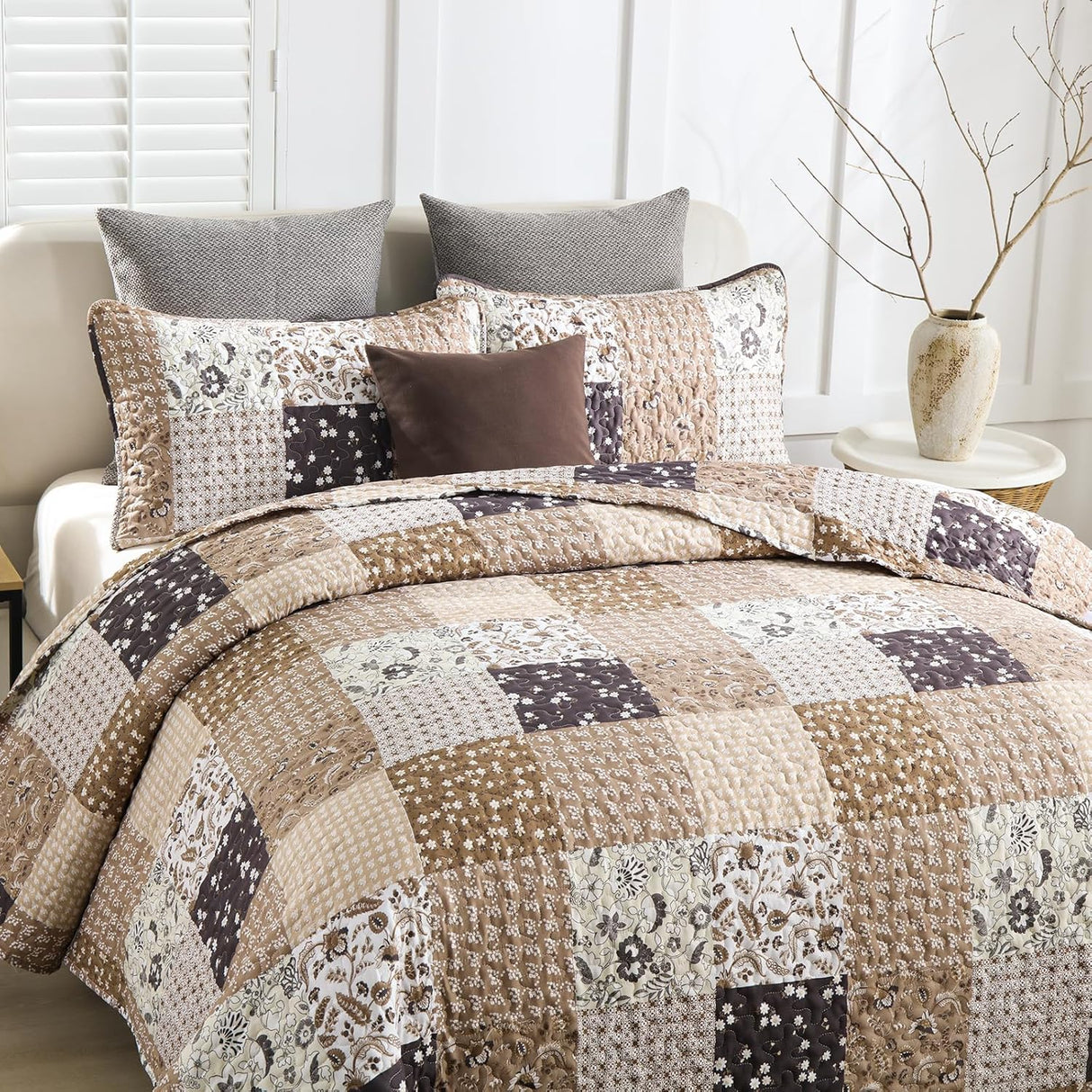 Rustic Countryside Daisy Quilted 3 Pc Bedspread & Pillow Cover Set