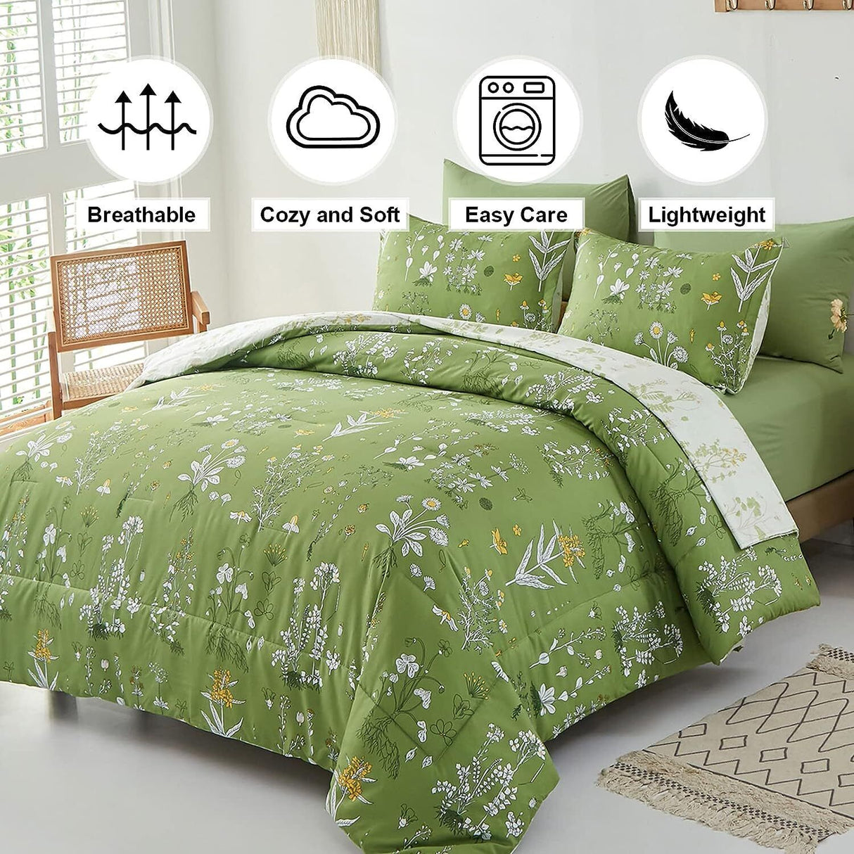 Vintage Delicate green bloom 3 Pc Comforter & Pillow Cover Set