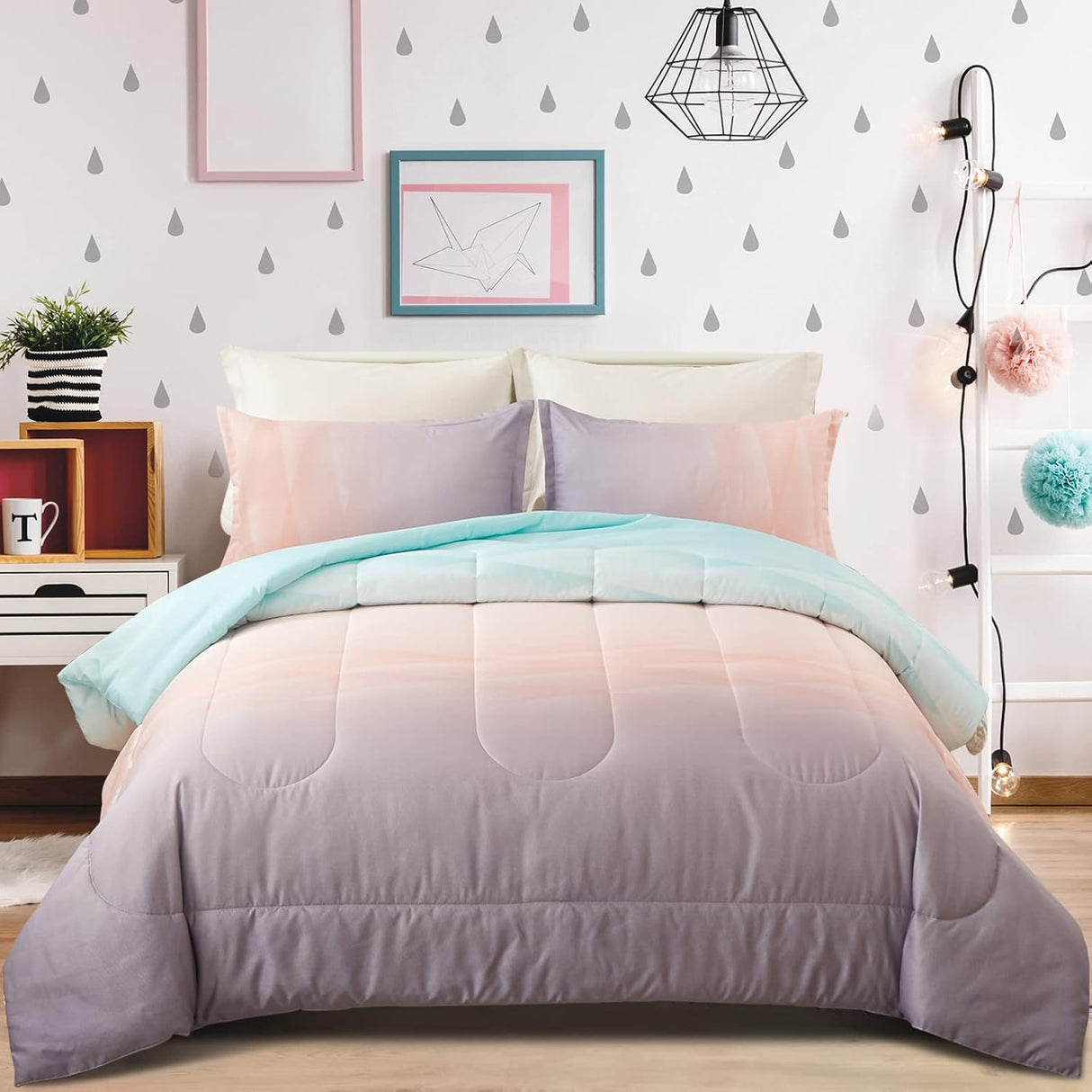 Ombre Blue Pink Rainbow Queen Size Girls 3-Piece Comforter Bedding Set