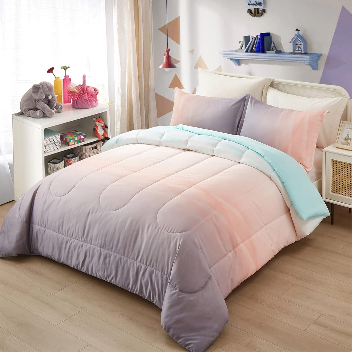 Ombre Blue Pink Rainbow Queen Size Girls 3-Piece Comforter Bedding Set