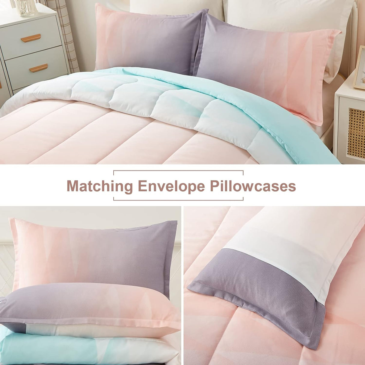 Ombre Blue Pink Rainbow Queen Size Girls 3-Piece Comforter Bedding Set