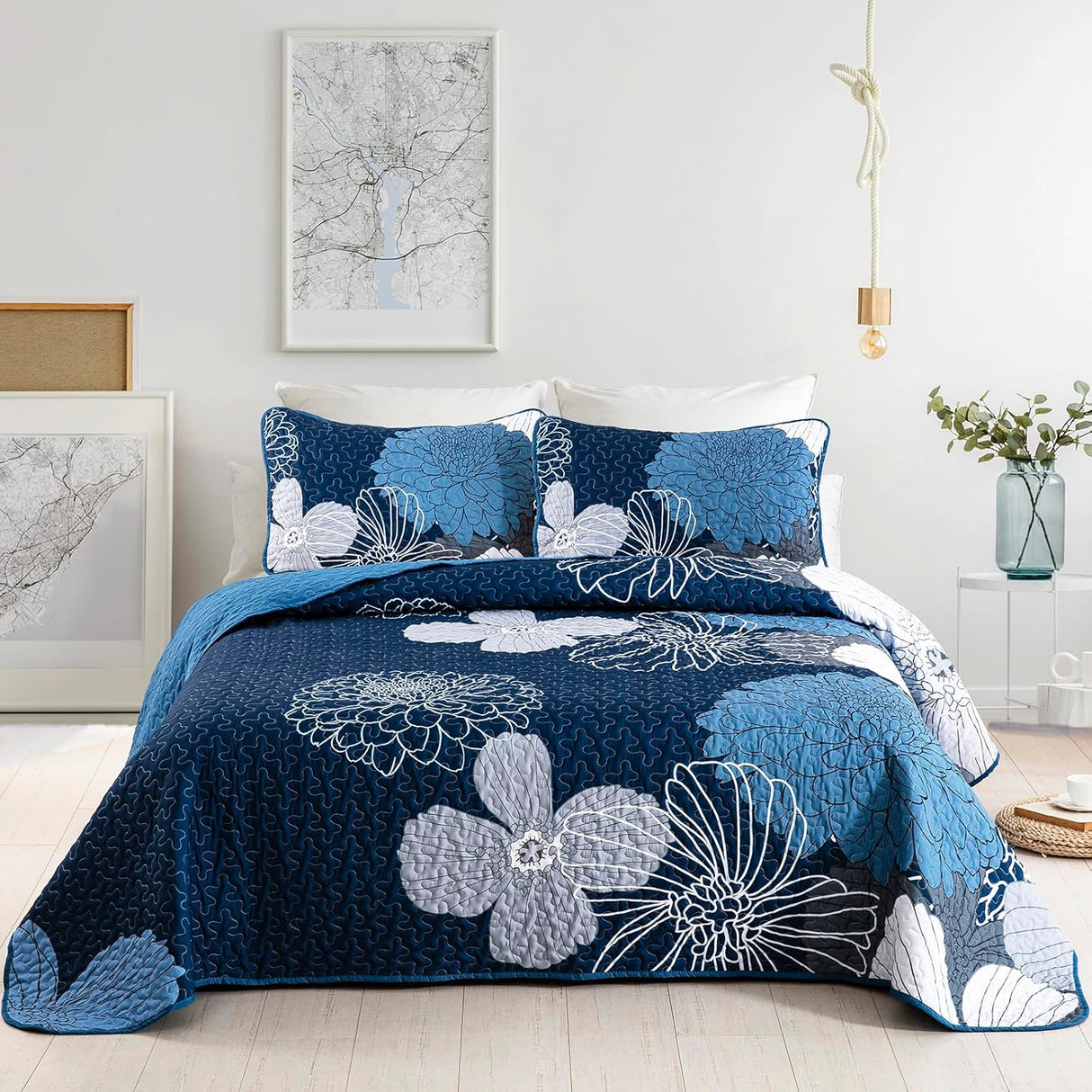 Frosted Magnolia Chic blue 3 Pc Bedspread & Pillow Cover KING Set