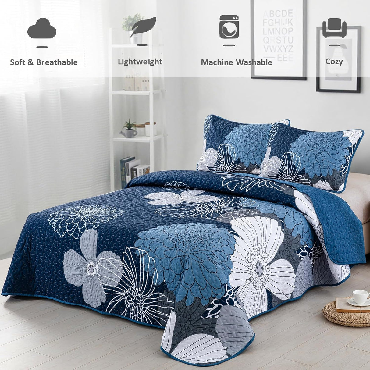 Frosted Magnolia Chic blue 3 Pc Bedspread & Pillow Cover KING Set