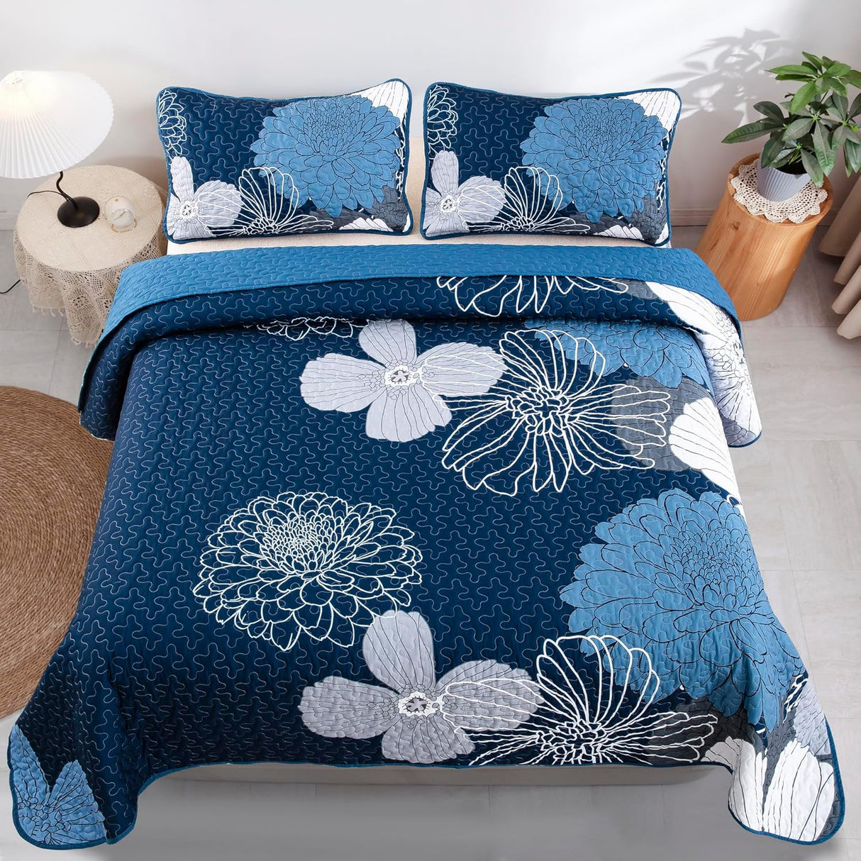 Frosted Magnolia Chic blue 3 Pc Bedspread & Pillow Cover KING Set