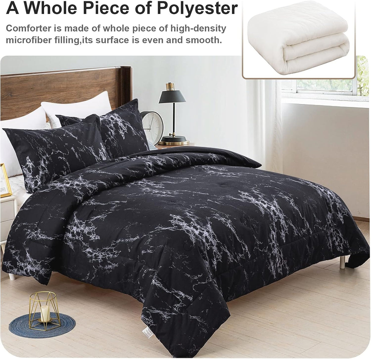 Elegant Black Marble Queen Comforter Set - 3-Piece All-Season Bedding
