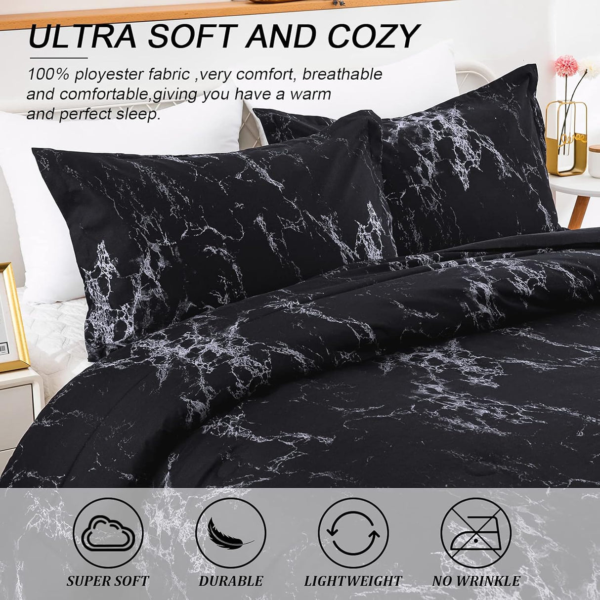 Elegant Black Marble Queen Comforter Set - 3-Piece All-Season Bedding