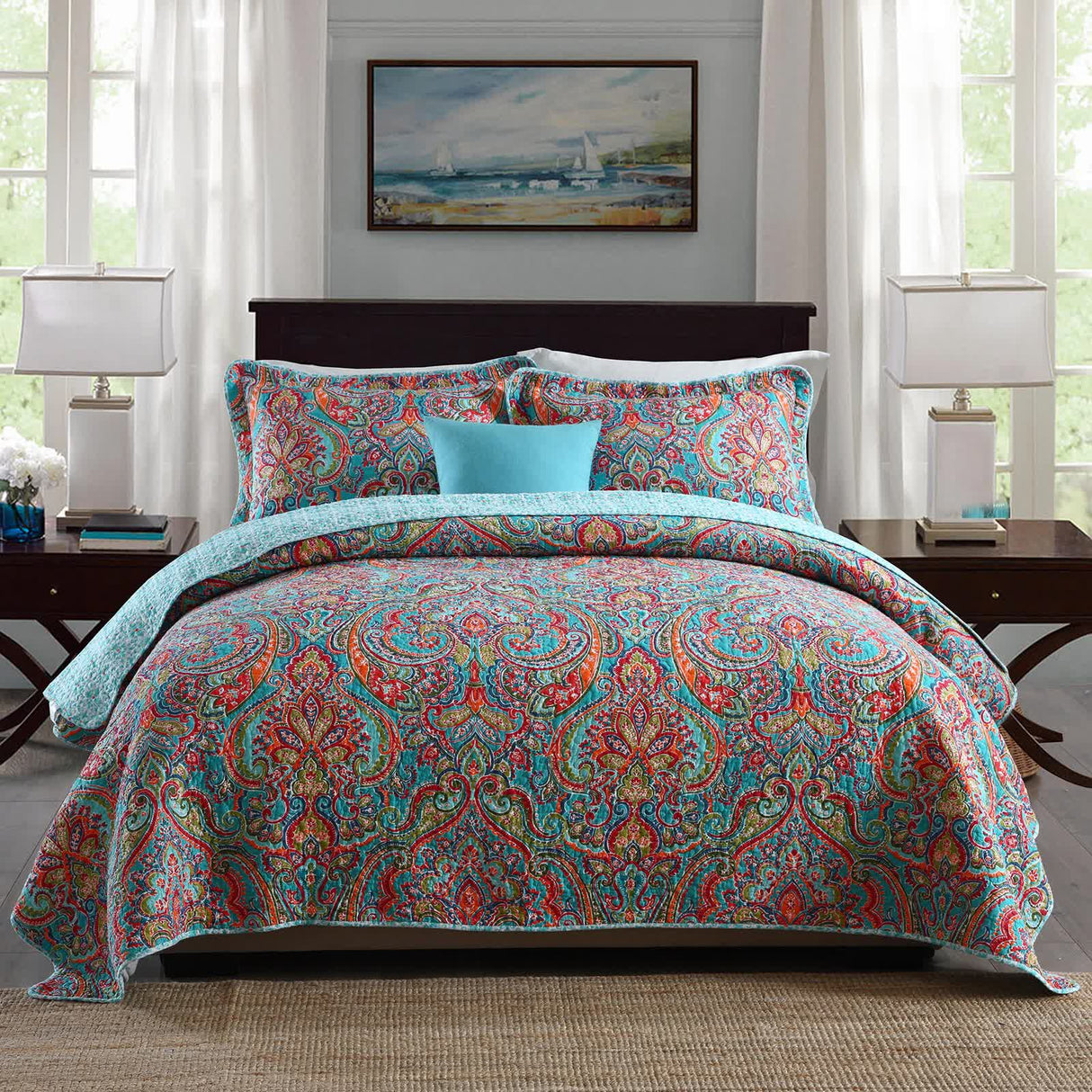 Blue Teal Boho Print Bedspread Quilt Set + Pillowcases